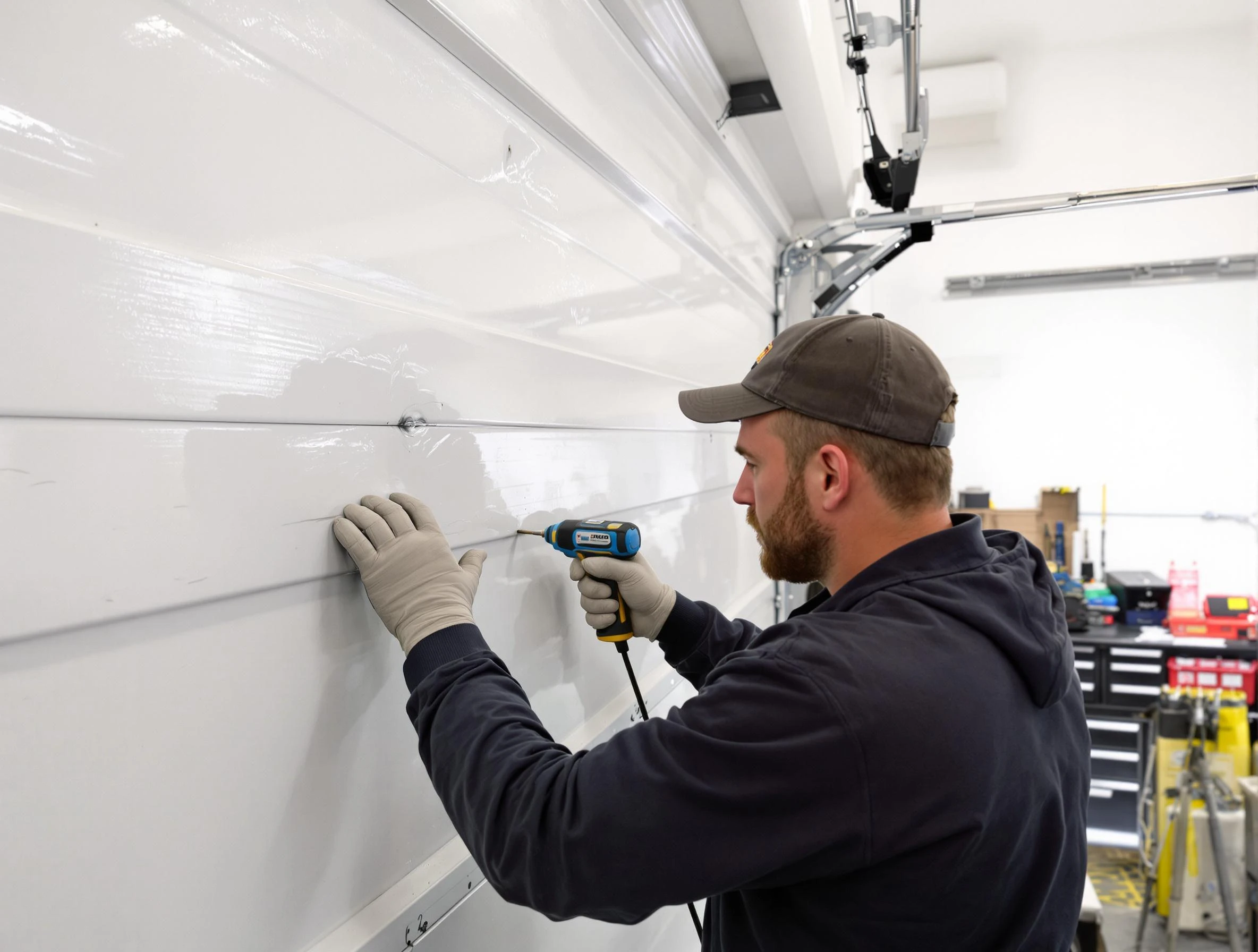 Taunton Garage Door Repair technician demonstrating precision dent removal techniques on a Taunton garage door